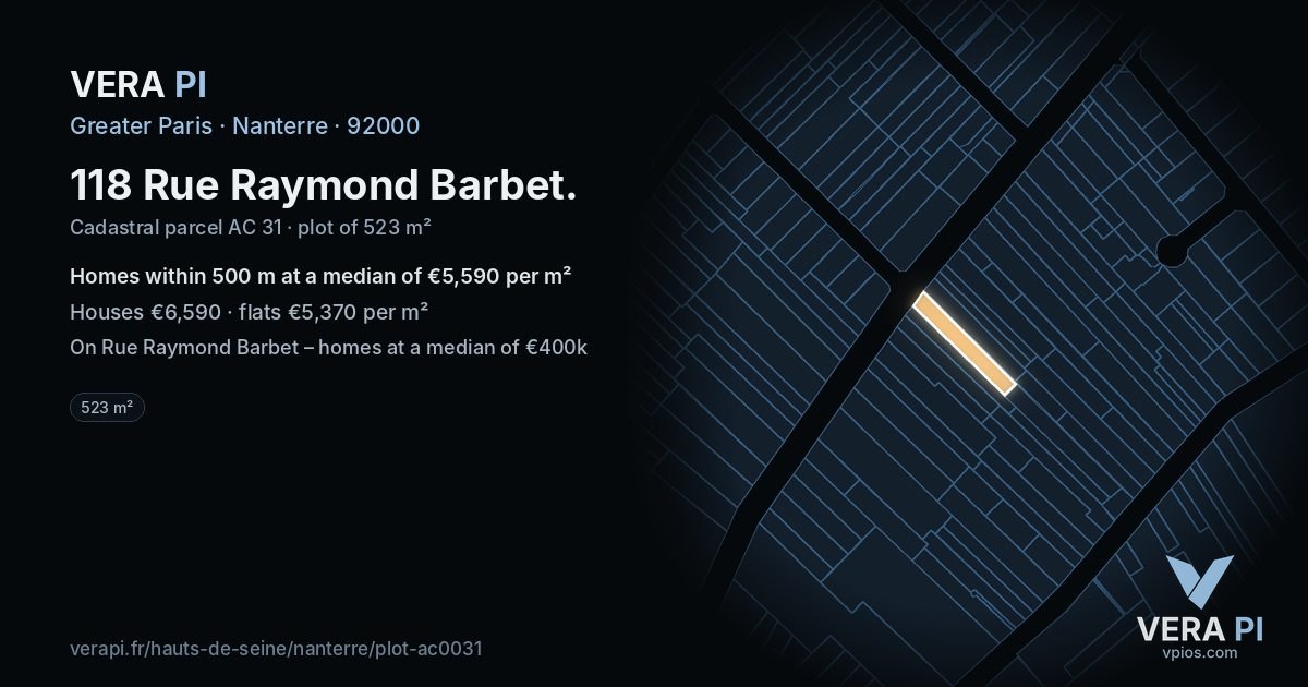 118 Rue Raymond Barbet, Nanterre at night – the plot lit, the parcels around coloured by the prices near them