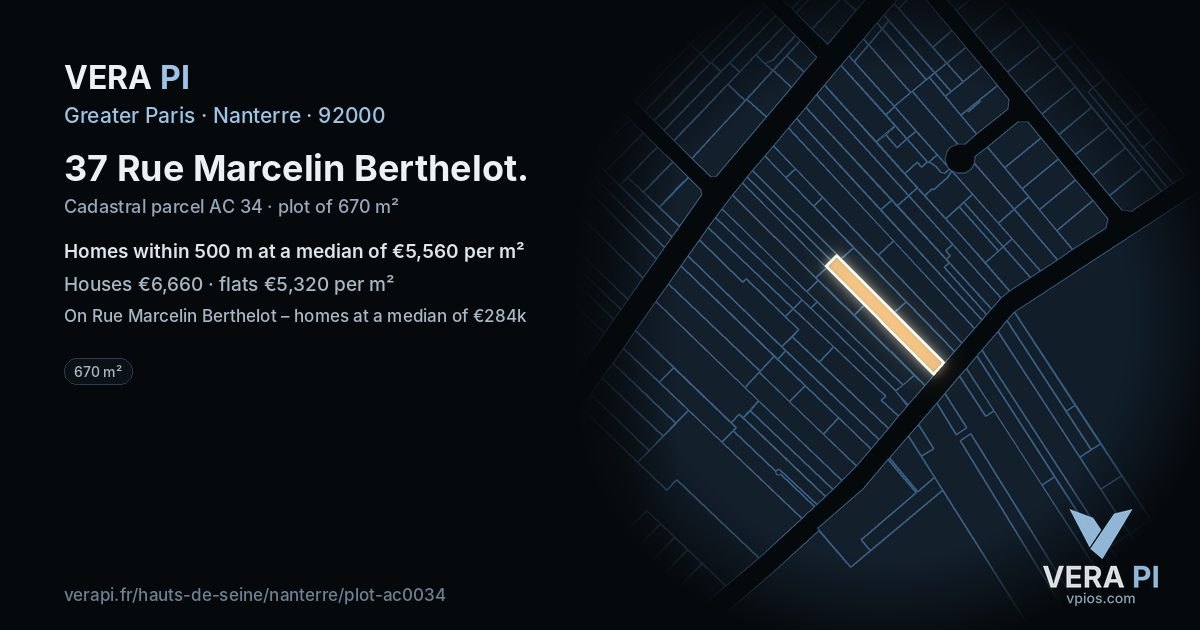 37 Rue Marcelin Berthelot, Nanterre at night – the plot lit, the parcels around coloured by the prices near them