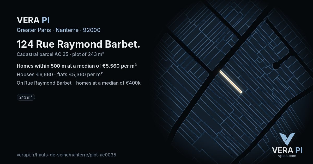 124 Rue Raymond Barbet, Nanterre at night – the plot lit, the parcels around coloured by the prices near them