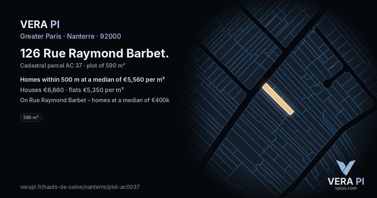 126 Rue Raymond Barbet, Nanterre at night – the plot lit, the parcels around coloured by the prices near them