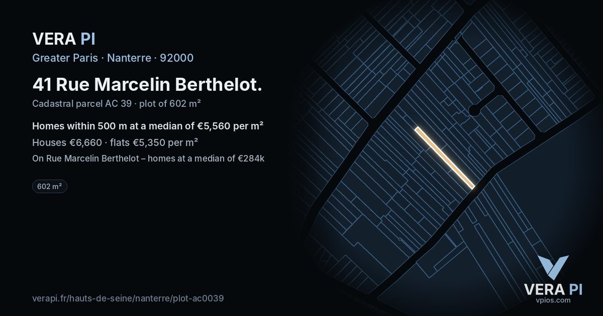 41 Rue Marcelin Berthelot, Nanterre at night – the plot lit, the parcels around coloured by the prices near them