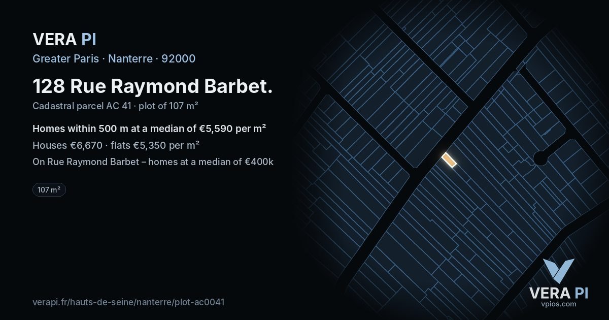 128 Rue Raymond Barbet, Nanterre at night – the plot lit, the parcels around coloured by the prices near them