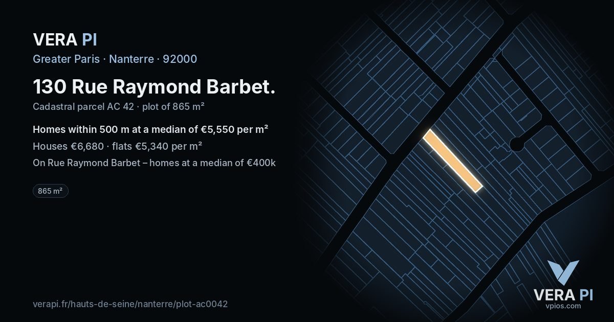 130 Rue Raymond Barbet, Nanterre at night – the plot lit, the parcels around coloured by the prices near them