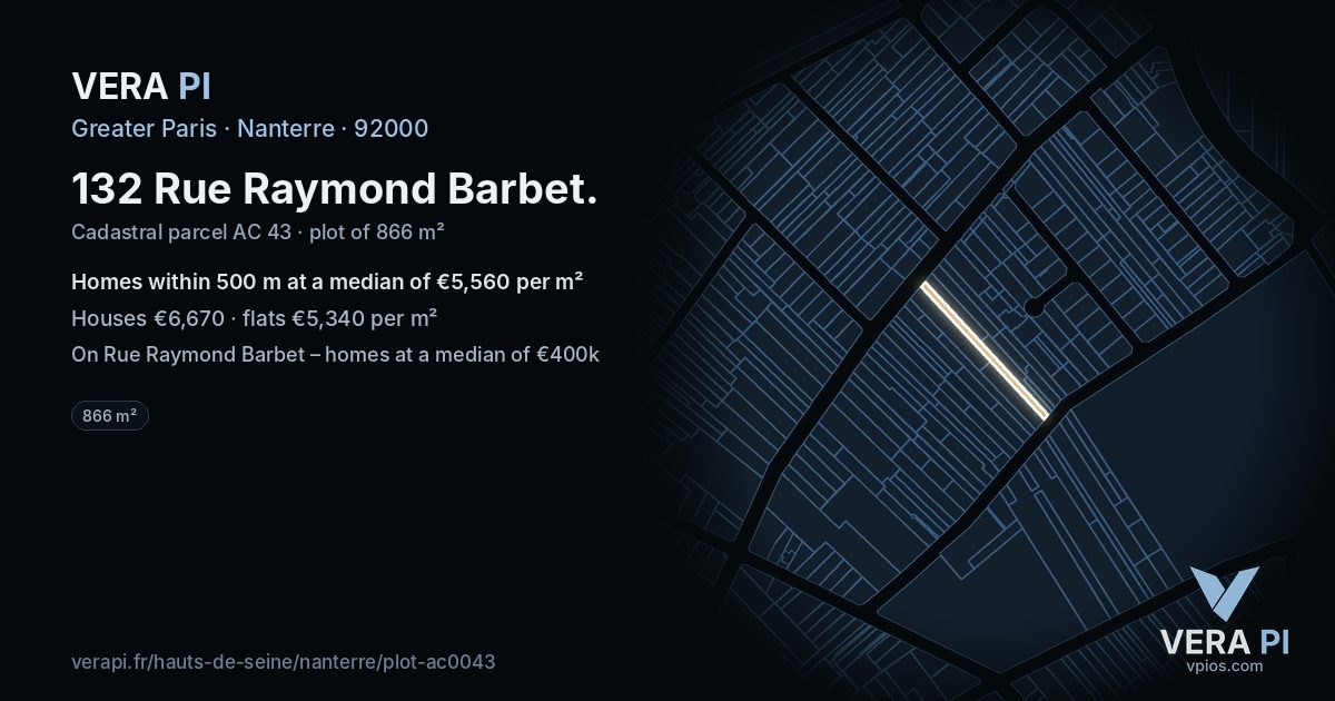 132 Rue Raymond Barbet, Nanterre at night – the plot lit, the parcels around coloured by the prices near them