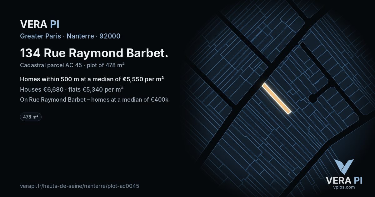 134 Rue Raymond Barbet, Nanterre at night – the plot lit, the parcels around coloured by the prices near them