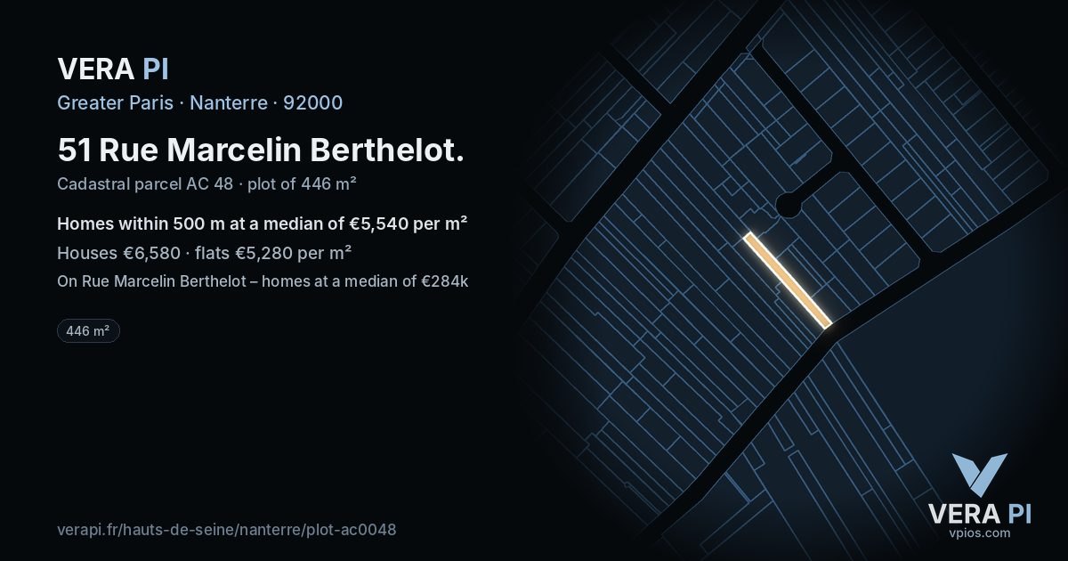 51 Rue Marcelin Berthelot, Nanterre at night – the plot lit, the parcels around coloured by the prices near them