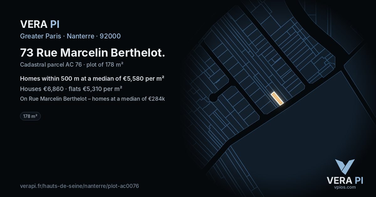 73 Rue Marcelin Berthelot, Nanterre at night – the plot lit, the parcels around coloured by the prices near them