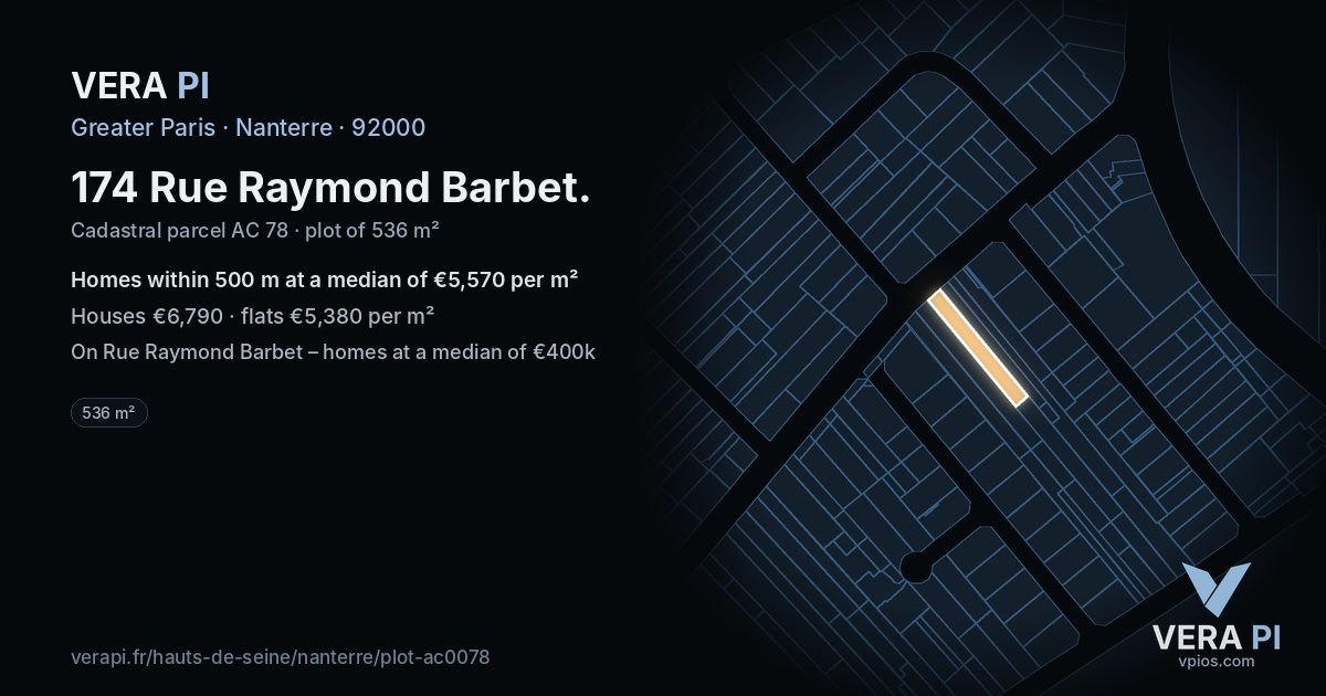 174 Rue Raymond Barbet, Nanterre at night – the plot lit, the parcels around coloured by the prices near them