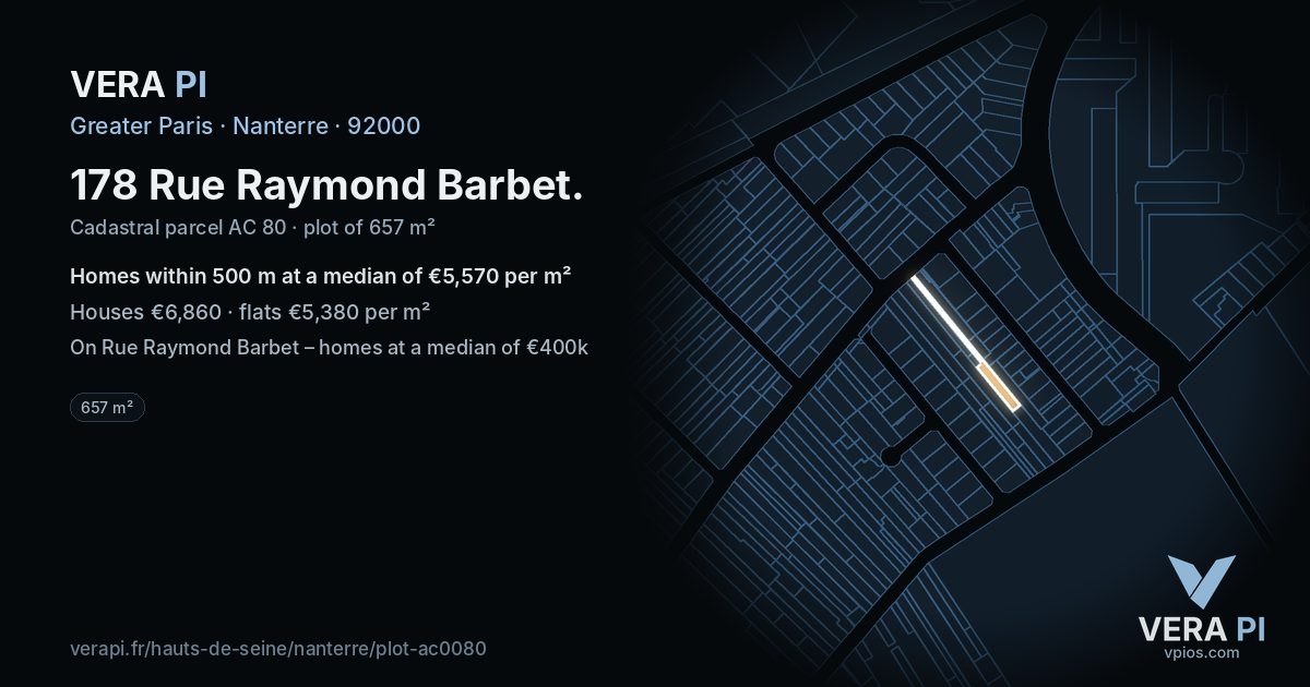 178 Rue Raymond Barbet, Nanterre at night – the plot lit, the parcels around coloured by the prices near them