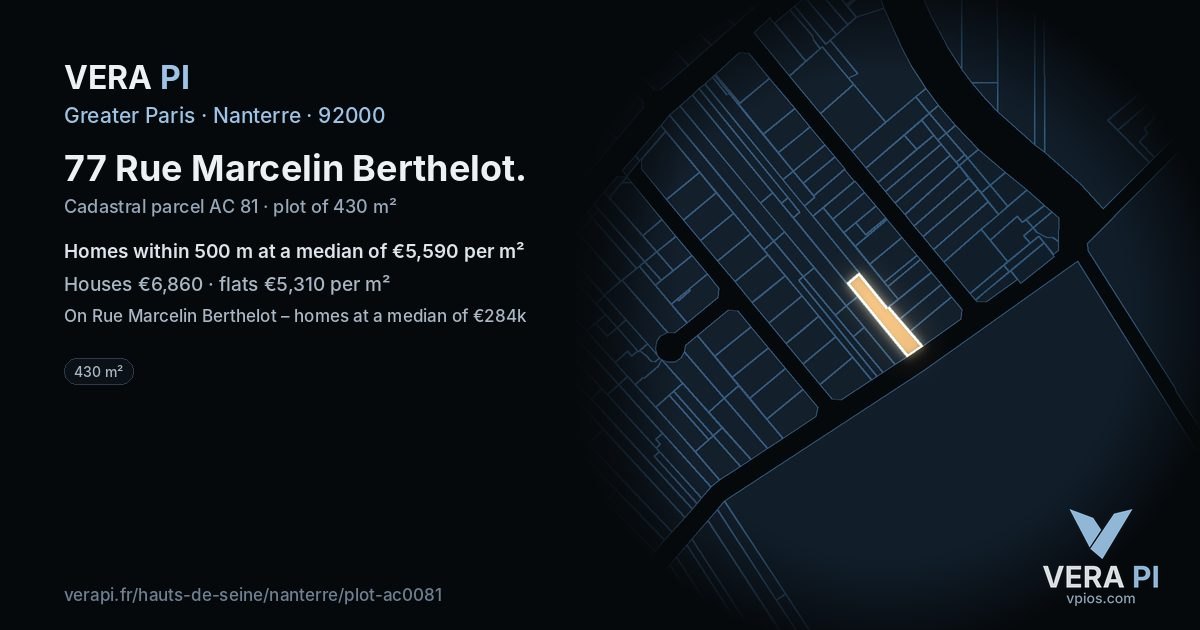 77 Rue Marcelin Berthelot, Nanterre at night – the plot lit, the parcels around coloured by the prices near them