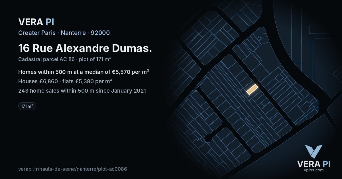 16 Rue Alexandre Dumas, Nanterre at night – the plot lit, the parcels around coloured by the prices near them
