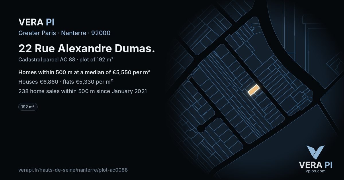 22 Rue Alexandre Dumas, Nanterre at night – the plot lit, the parcels around coloured by the prices near them