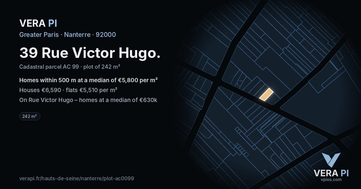39 Rue Victor Hugo, Nanterre at night – the plot lit, the parcels around coloured by the prices near them