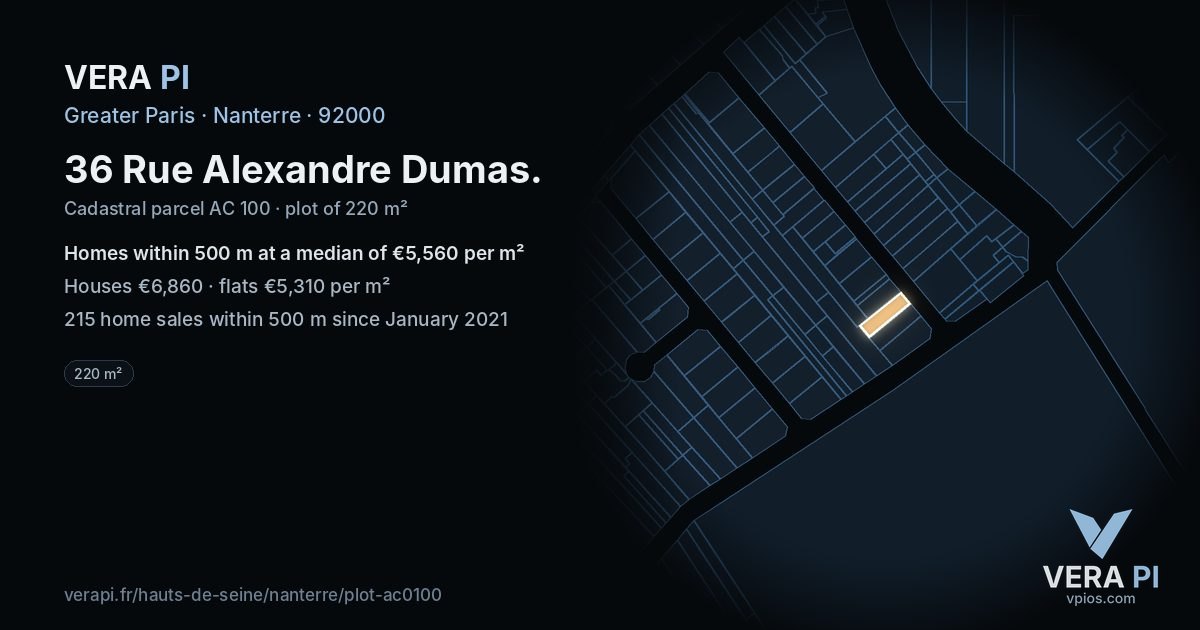 36 Rue Alexandre Dumas, Nanterre at night – the plot lit, the parcels around coloured by the prices near them