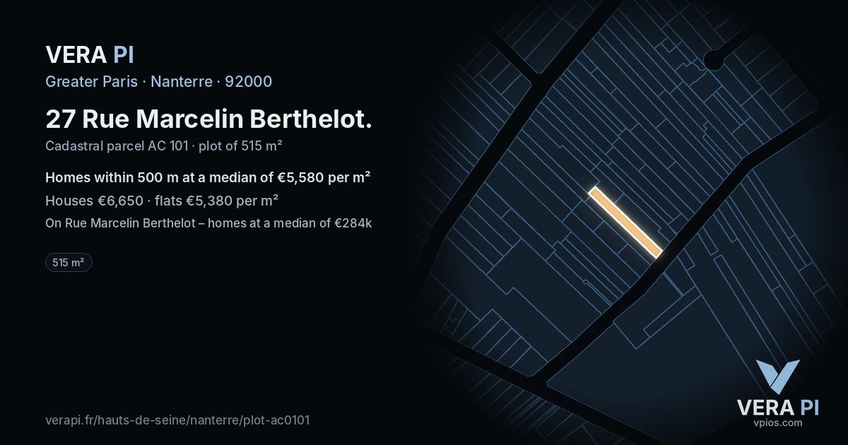 27 Rue Marcelin Berthelot, Nanterre at night – the plot lit, the parcels around coloured by the prices near them