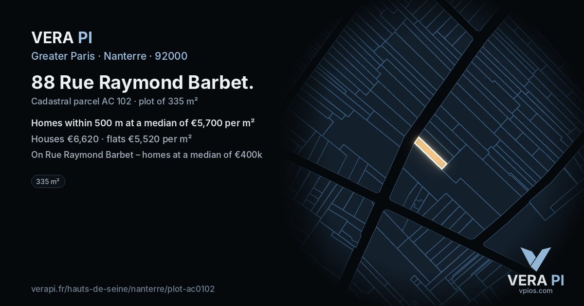88 Rue Raymond Barbet, Nanterre at night – the plot lit, the parcels around coloured by the prices near them
