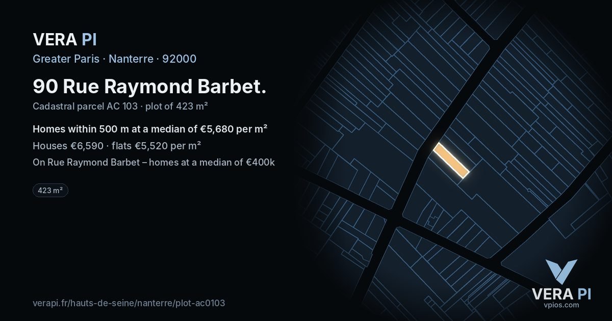 90 Rue Raymond Barbet, Nanterre at night – the plot lit, the parcels around coloured by the prices near them