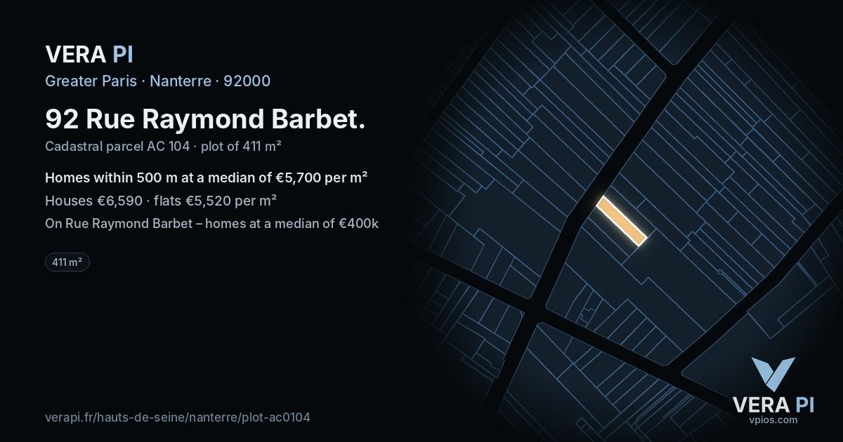 92 Rue Raymond Barbet, Nanterre at night – the plot lit, the parcels around coloured by the prices near them