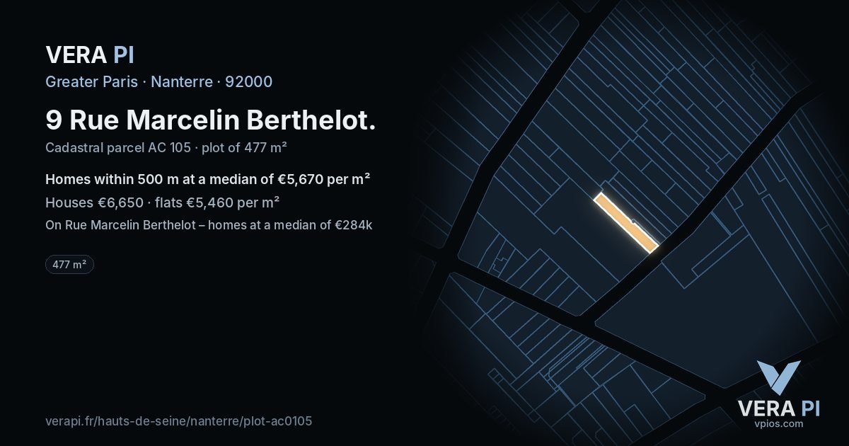 9 Rue Marcelin Berthelot, Nanterre at night – the plot lit, the parcels around coloured by the prices near them
