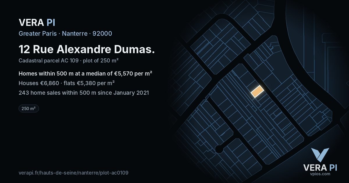 12 Rue Alexandre Dumas, Nanterre at night – the plot lit, the parcels around coloured by the prices near them