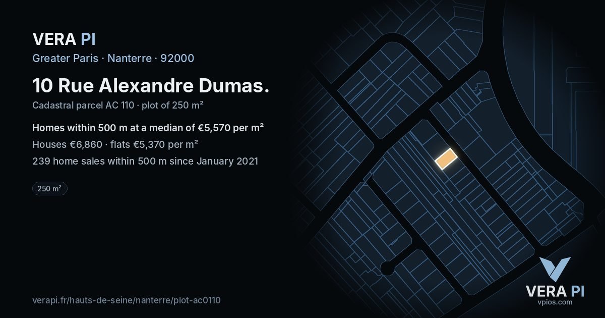 10 Rue Alexandre Dumas, Nanterre at night – the plot lit, the parcels around coloured by the prices near them