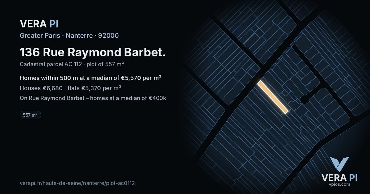136 Rue Raymond Barbet, Nanterre at night – the plot lit, the parcels around coloured by the prices near them