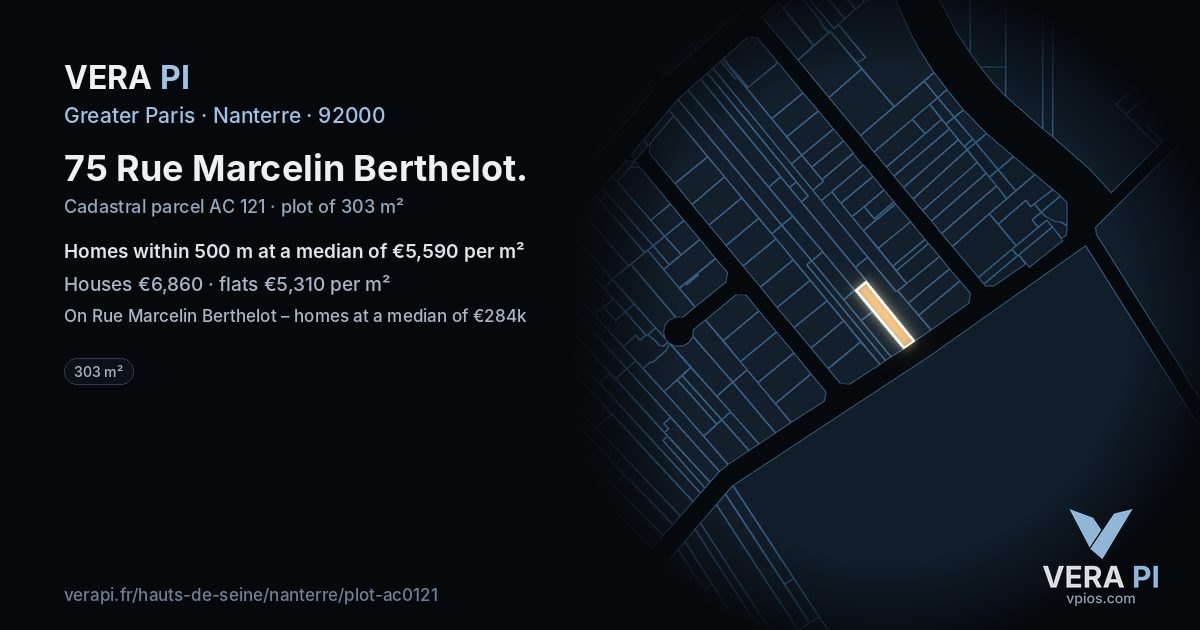 75 Rue Marcelin Berthelot, Nanterre at night – the plot lit, the parcels around coloured by the prices near them