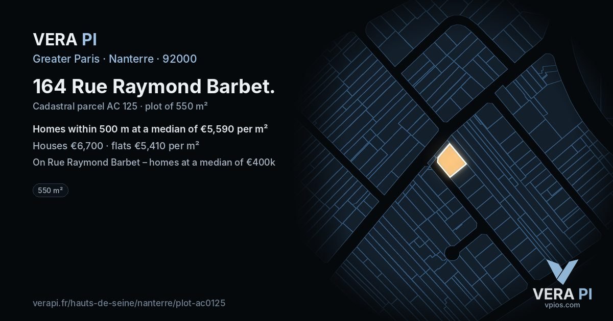 164 Rue Raymond Barbet, Nanterre at night – the plot lit, the parcels around coloured by the prices near them
