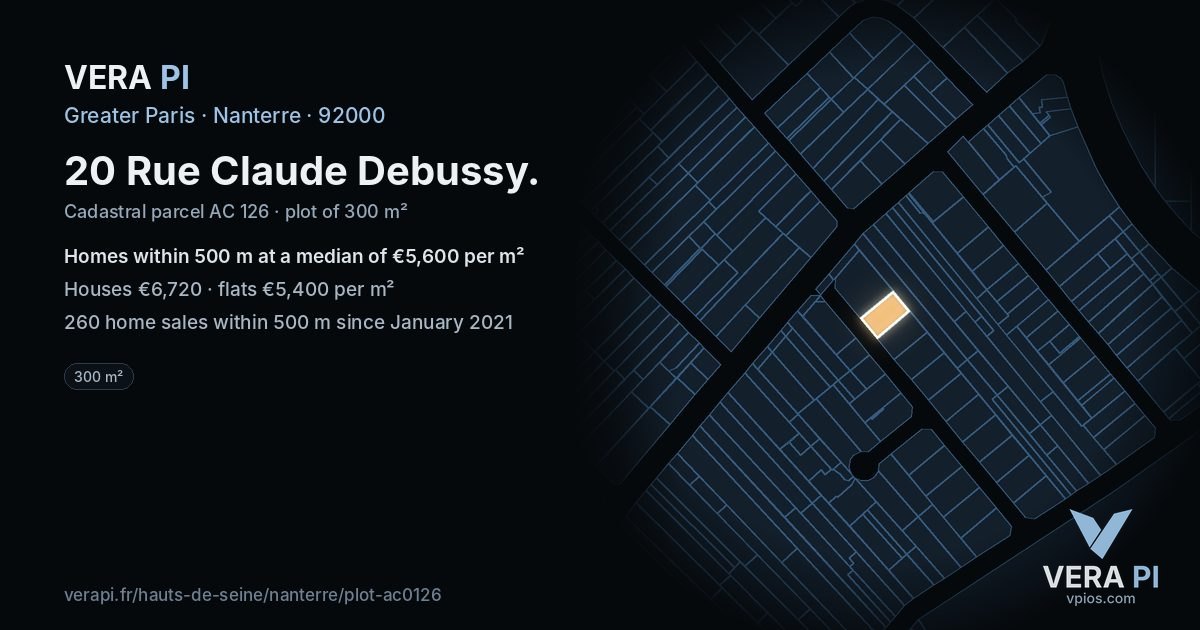 20 Rue Claude Debussy, Nanterre at night – the plot lit, the parcels around coloured by the prices near them