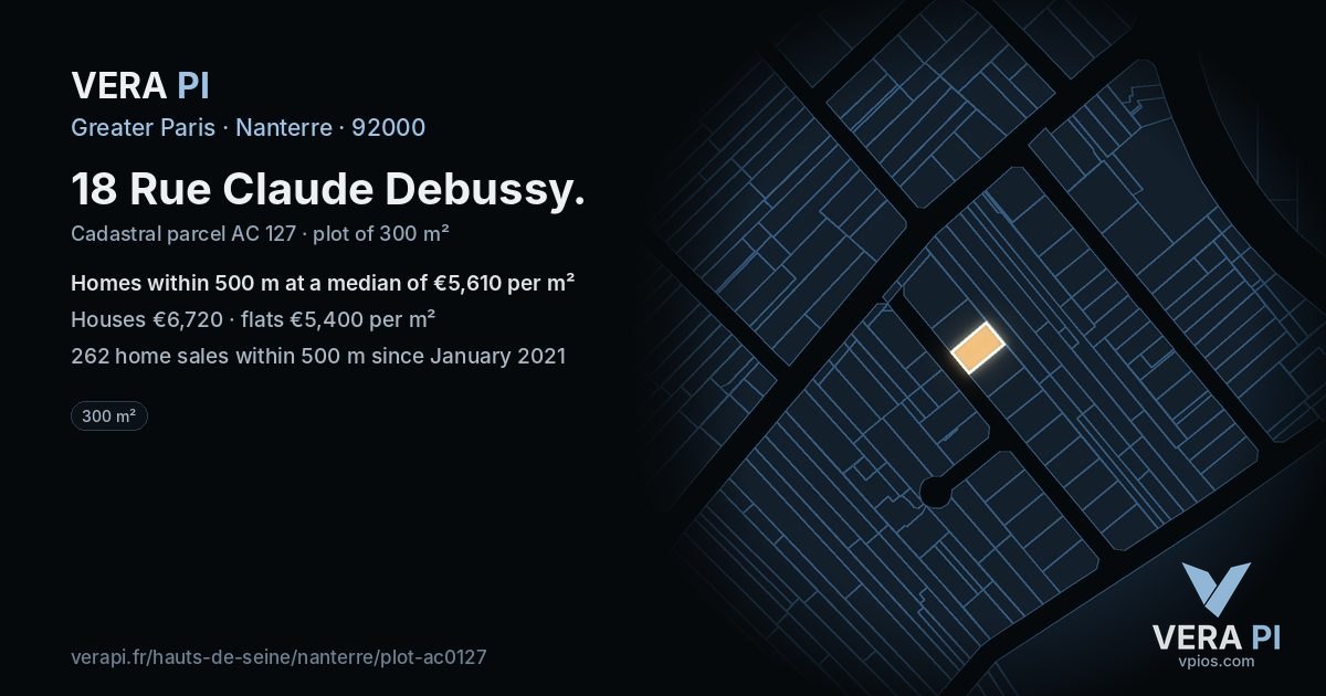 18 Rue Claude Debussy, Nanterre at night – the plot lit, the parcels around coloured by the prices near them