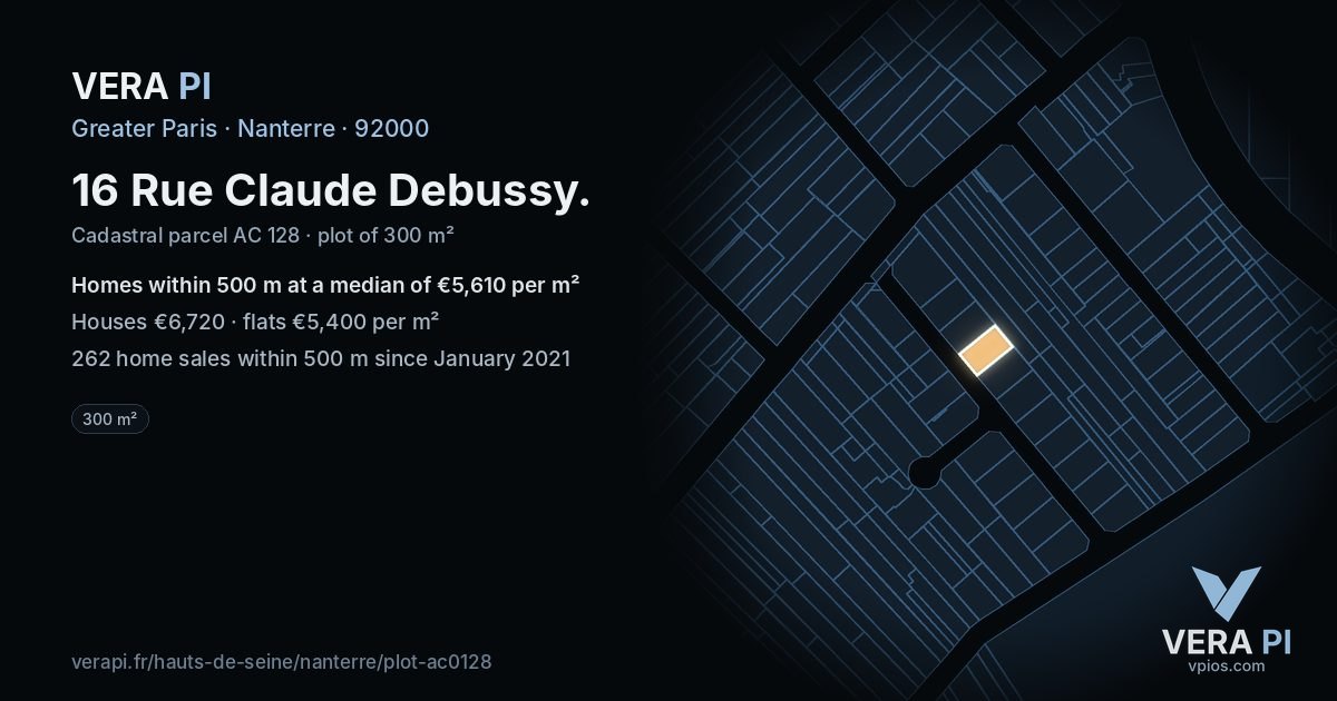 16 Rue Claude Debussy, Nanterre at night – the plot lit, the parcels around coloured by the prices near them