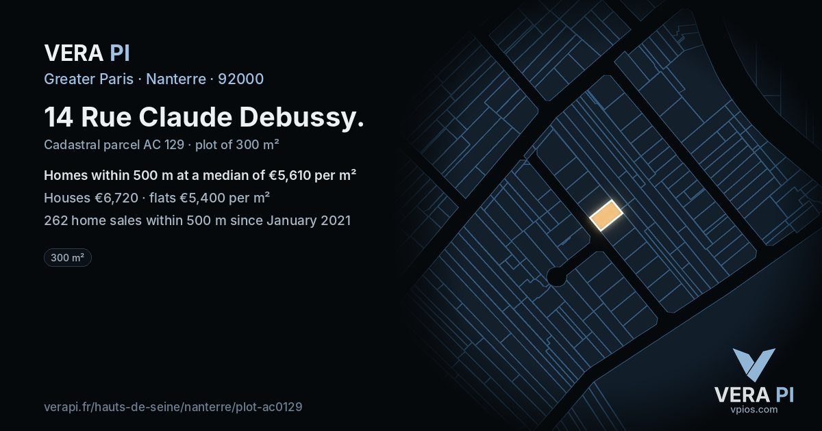 14 Rue Claude Debussy, Nanterre at night – the plot lit, the parcels around coloured by the prices near them