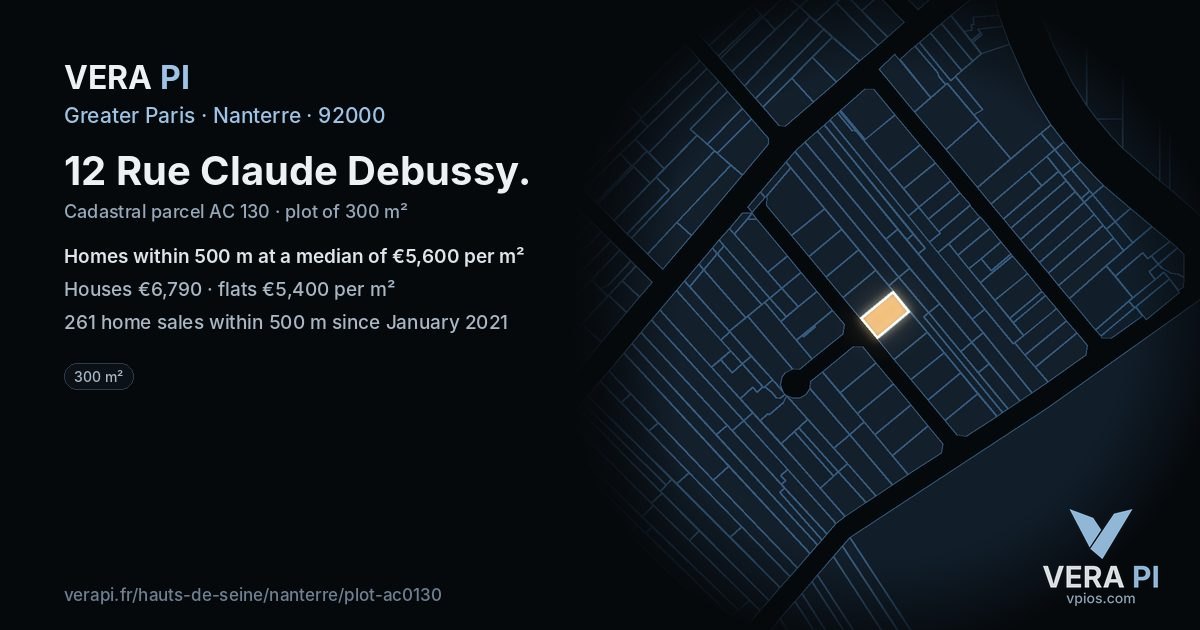 12 Rue Claude Debussy, Nanterre at night – the plot lit, the parcels around coloured by the prices near them