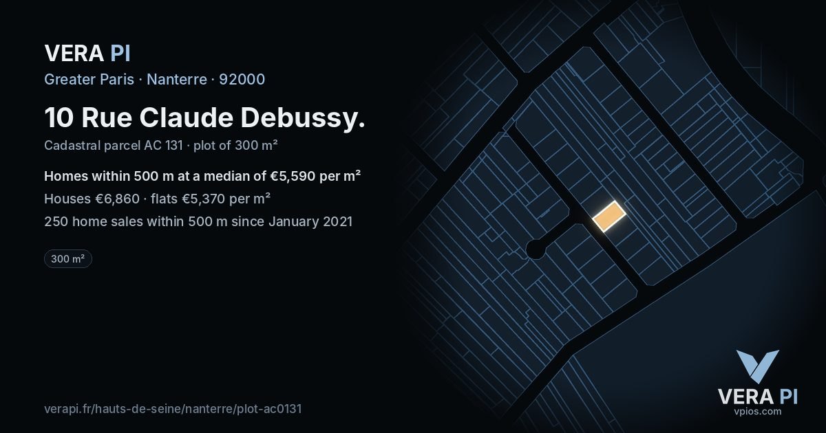 10 Rue Claude Debussy, Nanterre at night – the plot lit, the parcels around coloured by the prices near them