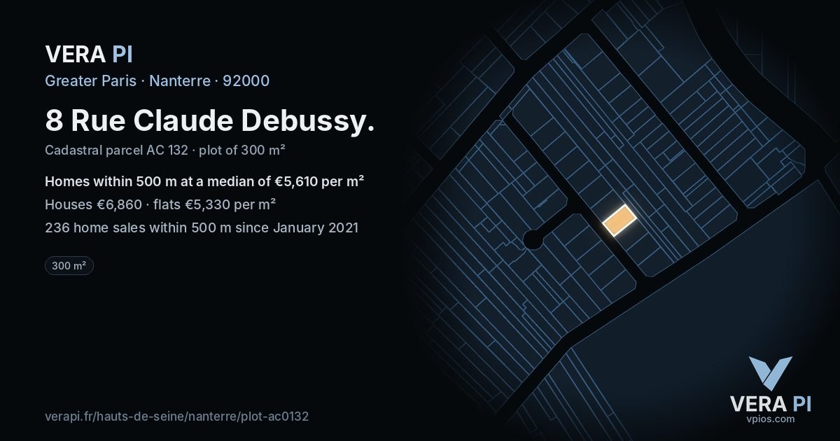 8 Rue Claude Debussy, Nanterre at night – the plot lit, the parcels around coloured by the prices near them