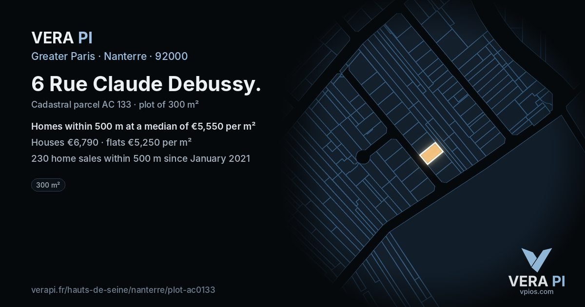 6 Rue Claude Debussy, Nanterre at night – the plot lit, the parcels around coloured by the prices near them
