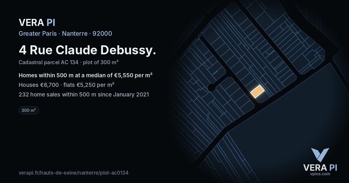 4 Rue Claude Debussy, Nanterre at night – the plot lit, the parcels around coloured by the prices near them