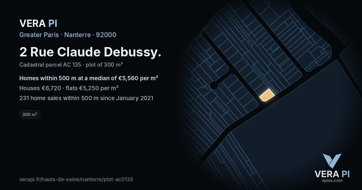 2 Rue Claude Debussy, Nanterre at night – the plot lit, the parcels around coloured by the prices near them