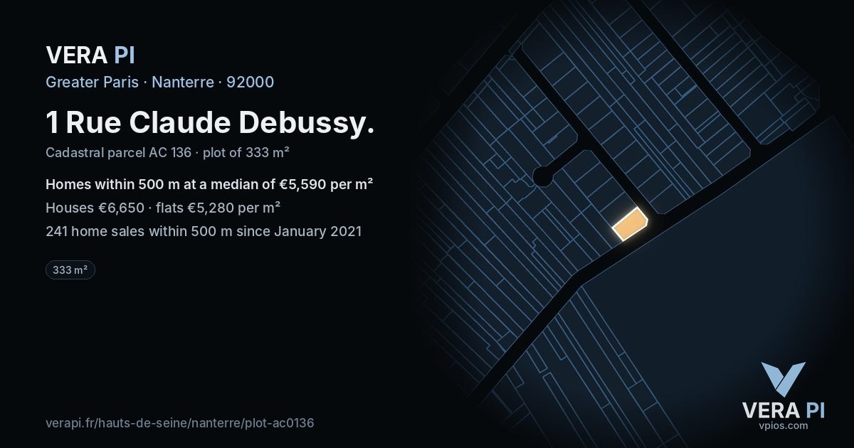 1 Rue Claude Debussy, Nanterre at night – the plot lit, the parcels around coloured by the prices near them