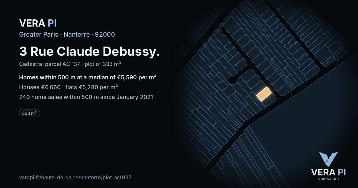 3 Rue Claude Debussy, Nanterre at night – the plot lit, the parcels around coloured by the prices near them