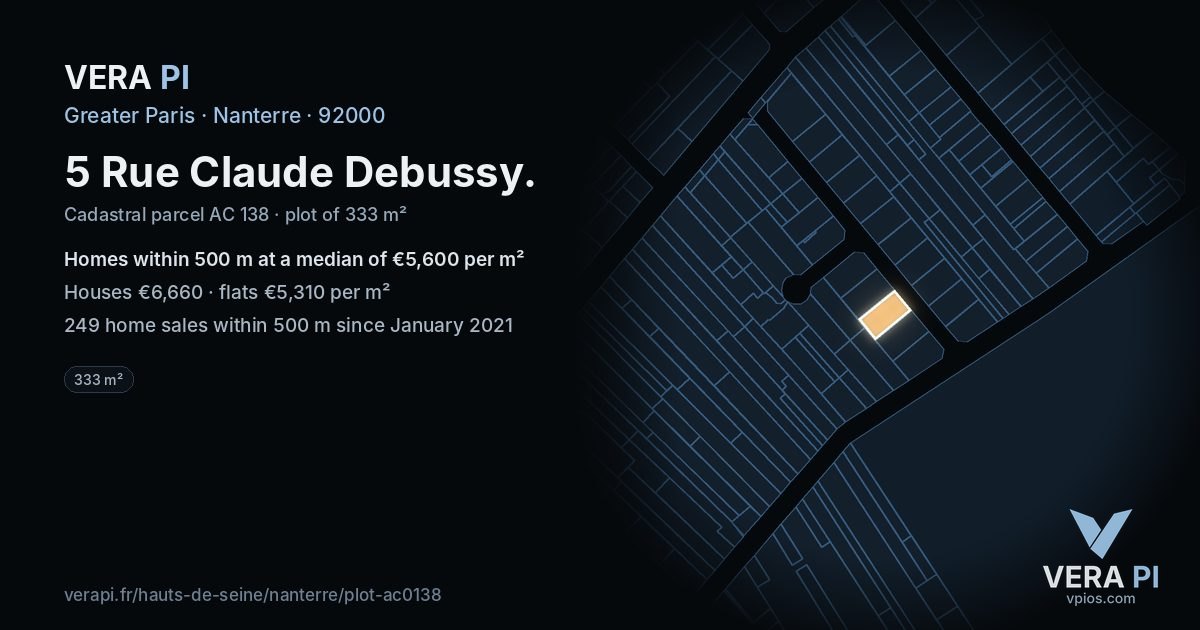 5 Rue Claude Debussy, Nanterre at night – the plot lit, the parcels around coloured by the prices near them