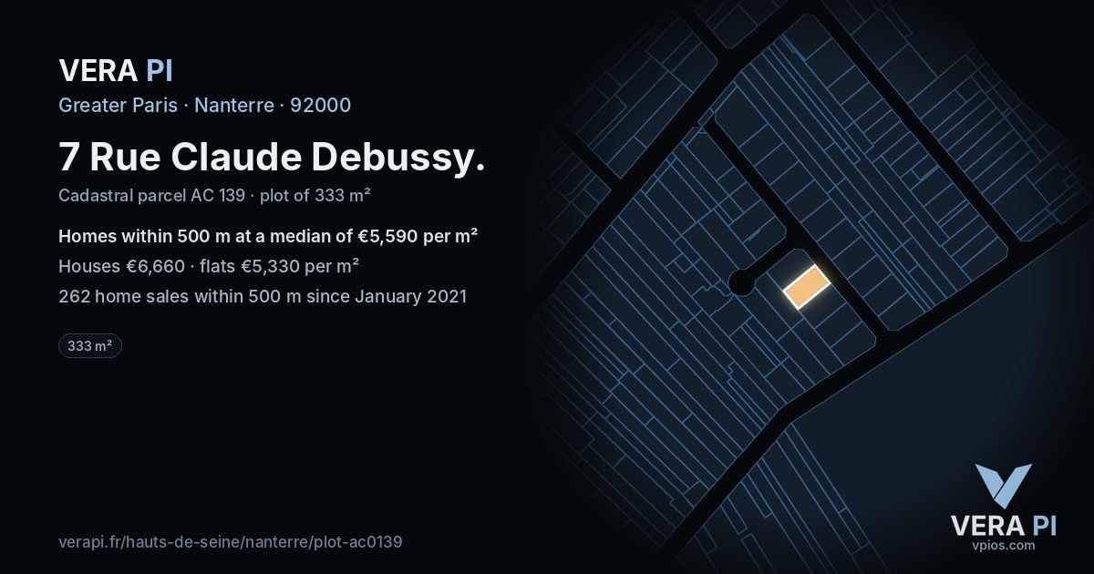7 Rue Claude Debussy, Nanterre at night – the plot lit, the parcels around coloured by the prices near them