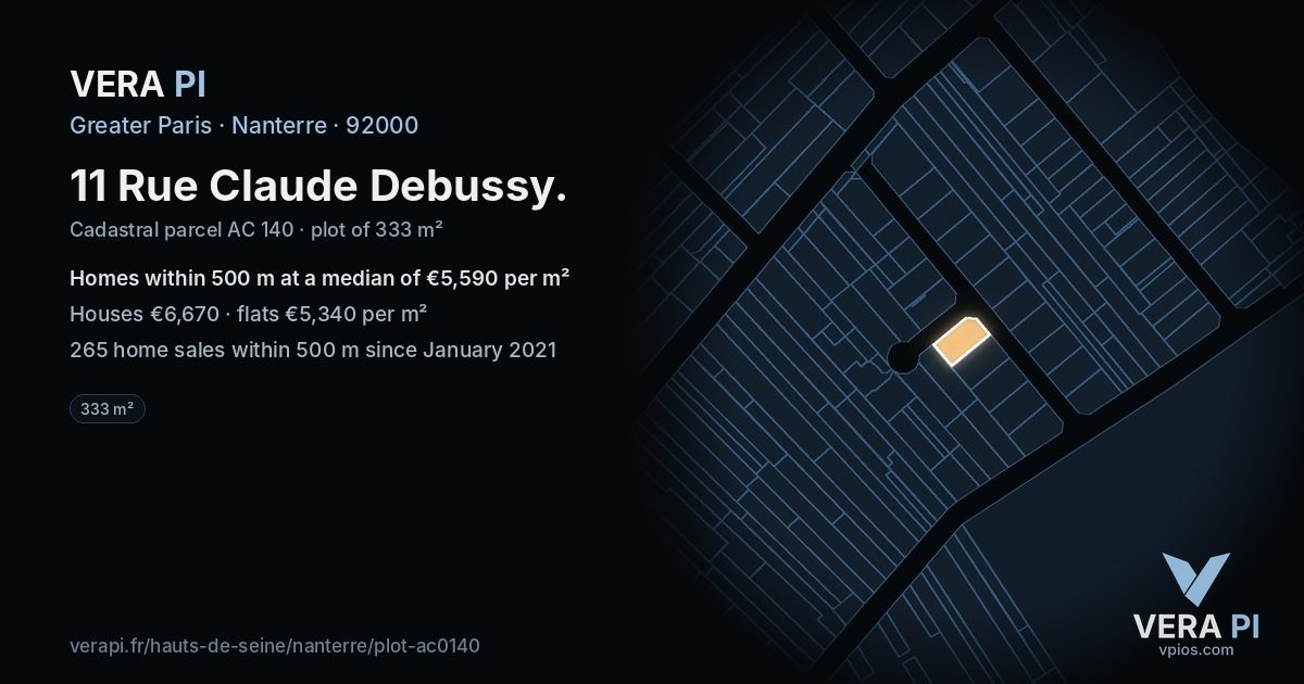 11 Rue Claude Debussy, Nanterre at night – the plot lit, the parcels around coloured by the prices near them