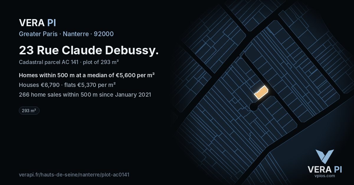 23 Rue Claude Debussy, Nanterre at night – the plot lit, the parcels around coloured by the prices near them