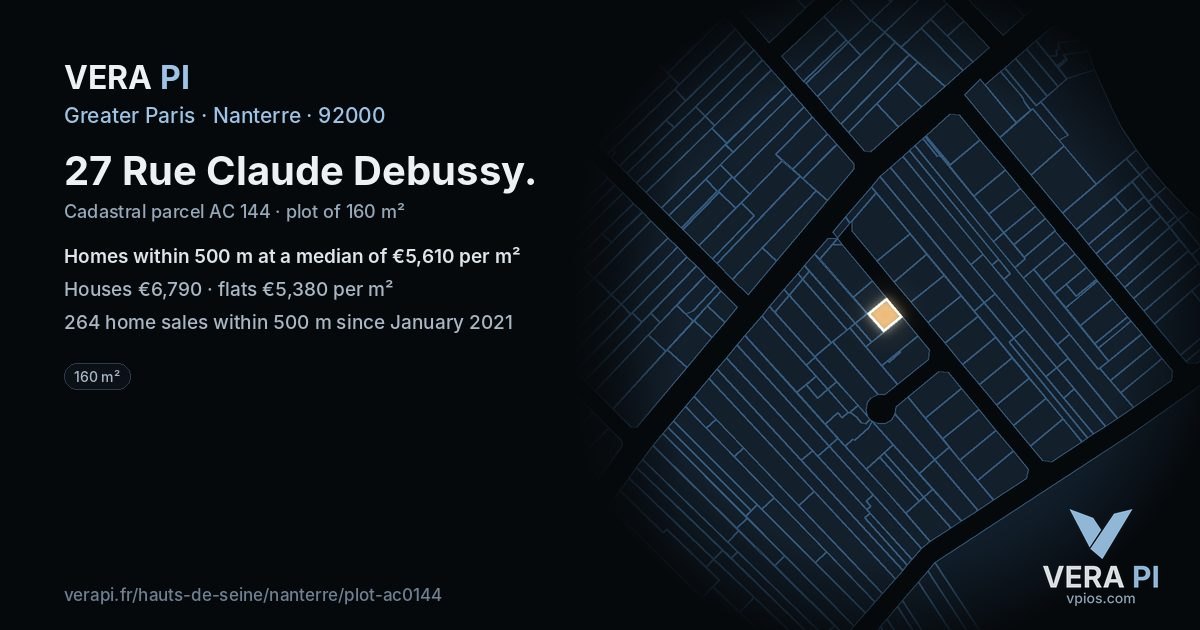27 Rue Claude Debussy, Nanterre at night – the plot lit, the parcels around coloured by the prices near them