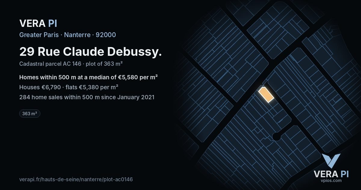 29 Rue Claude Debussy, Nanterre at night – the plot lit, the parcels around coloured by the prices near them