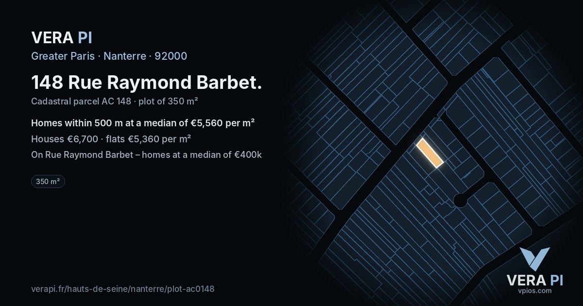 148 Rue Raymond Barbet, Nanterre at night – the plot lit, the parcels around coloured by the prices near them