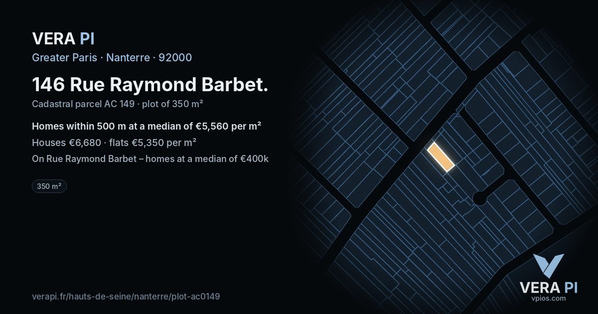 146 Rue Raymond Barbet, Nanterre at night – the plot lit, the parcels around coloured by the prices near them