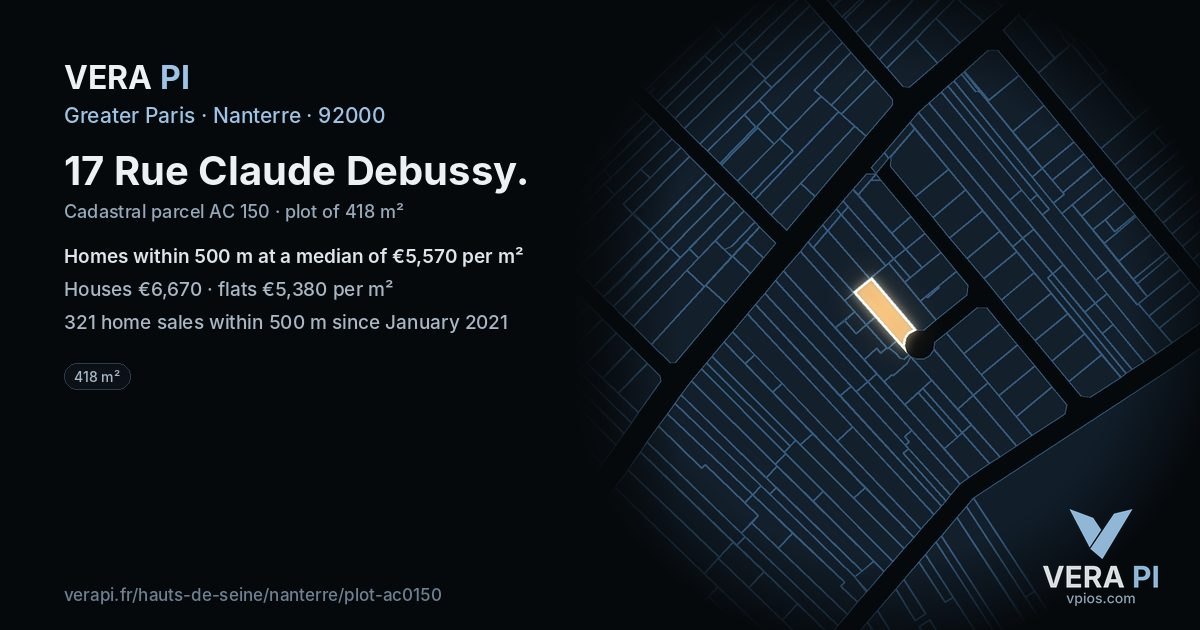 17 Rue Claude Debussy, Nanterre at night – the plot lit, the parcels around coloured by the prices near them