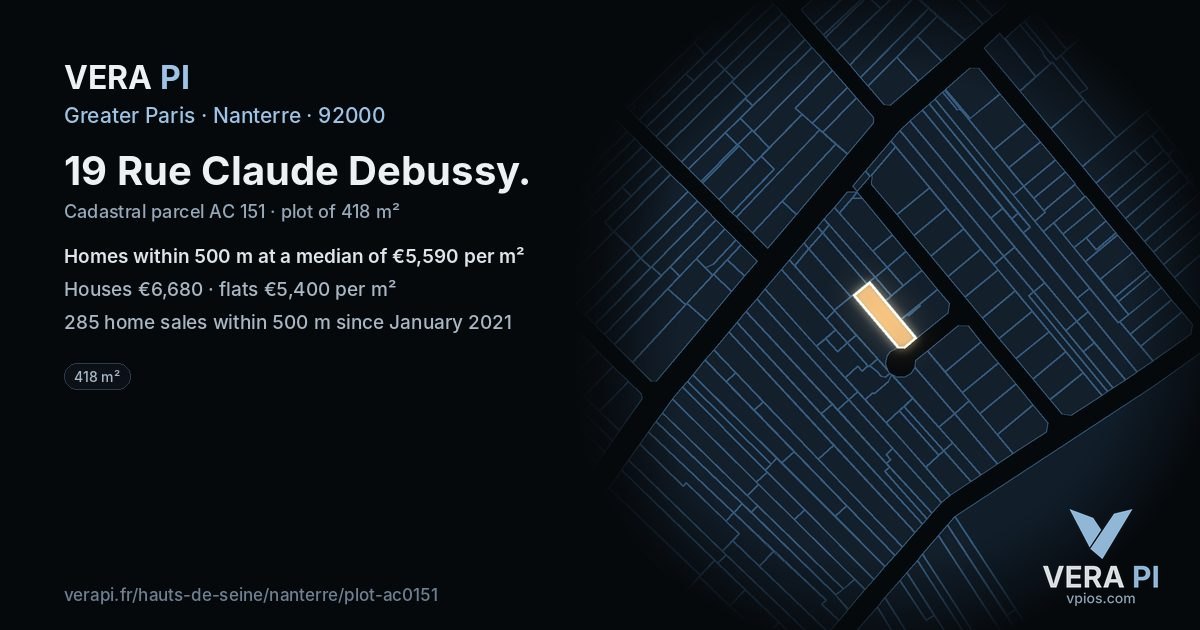 19 Rue Claude Debussy, Nanterre at night – the plot lit, the parcels around coloured by the prices near them